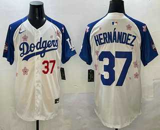 Mens Los Angeles Dodgers #37 Teoscar Hernandez White Royal 2025 Tokyo Series Limited Stitched Jersey